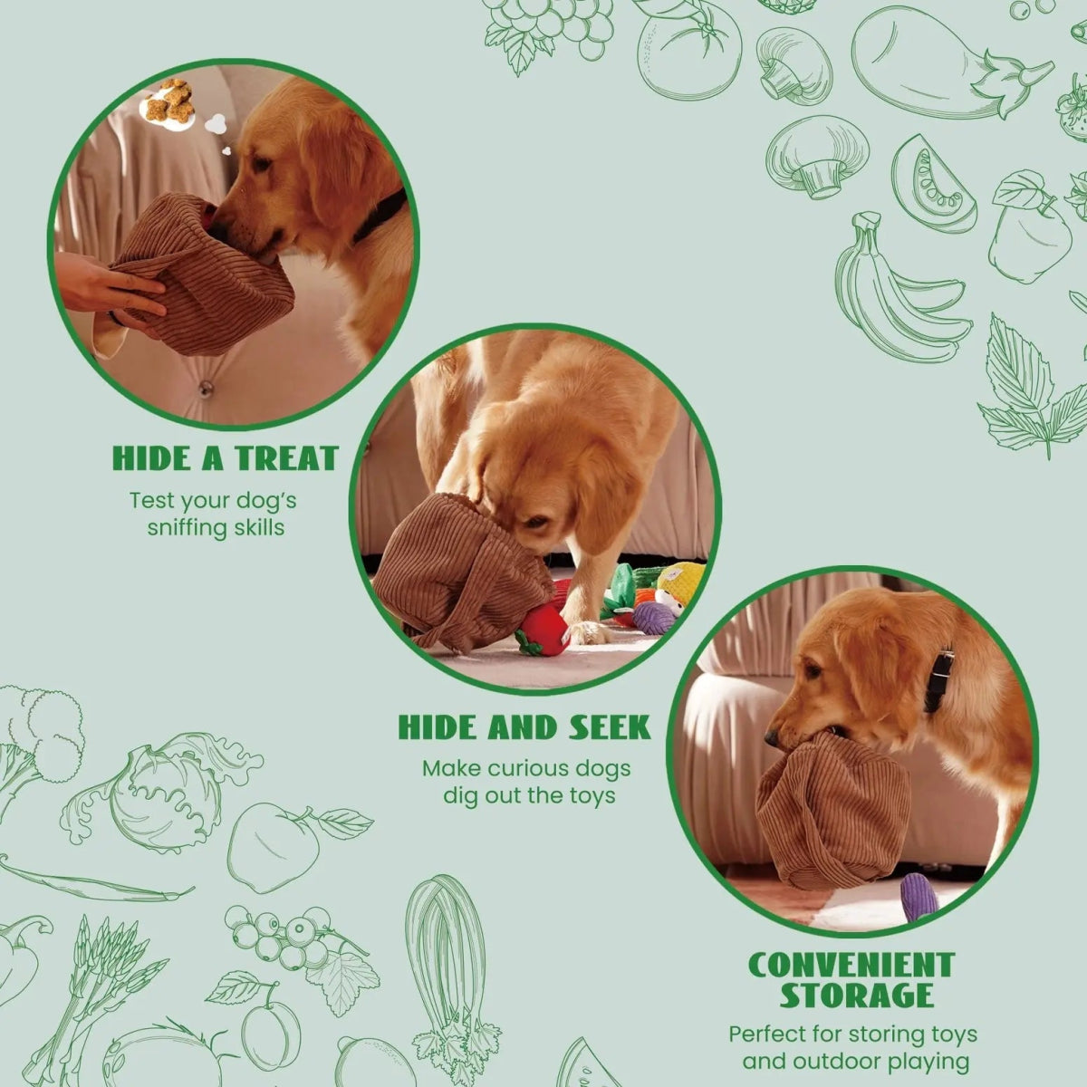Nocciola 15 - Pack Squeaky Fruit & Veggie Dog Toys with Basket - Talis Us