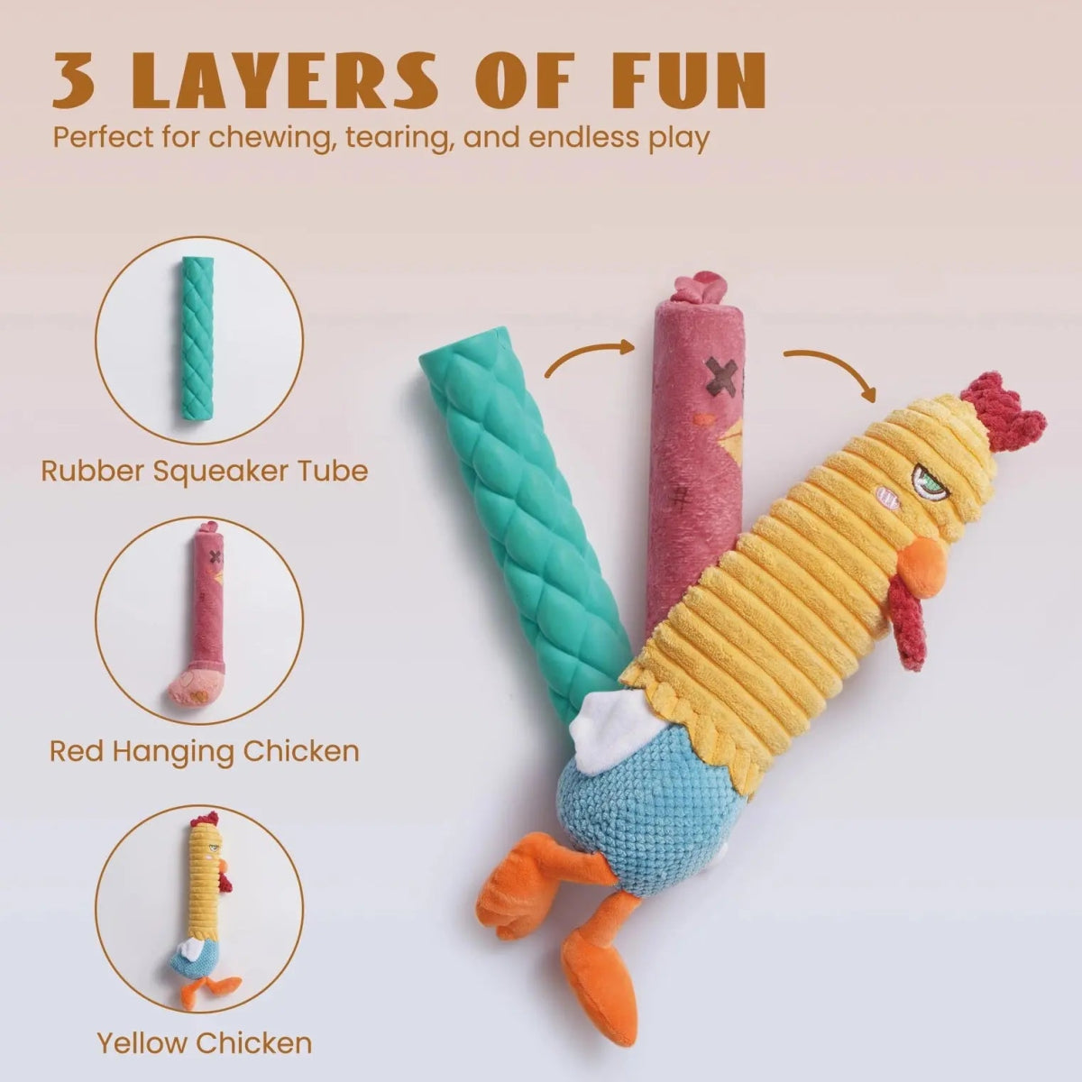 Nocciola 3 - in - 1 Chicken Dog Toy with Rubber Squeaker - Talis Us