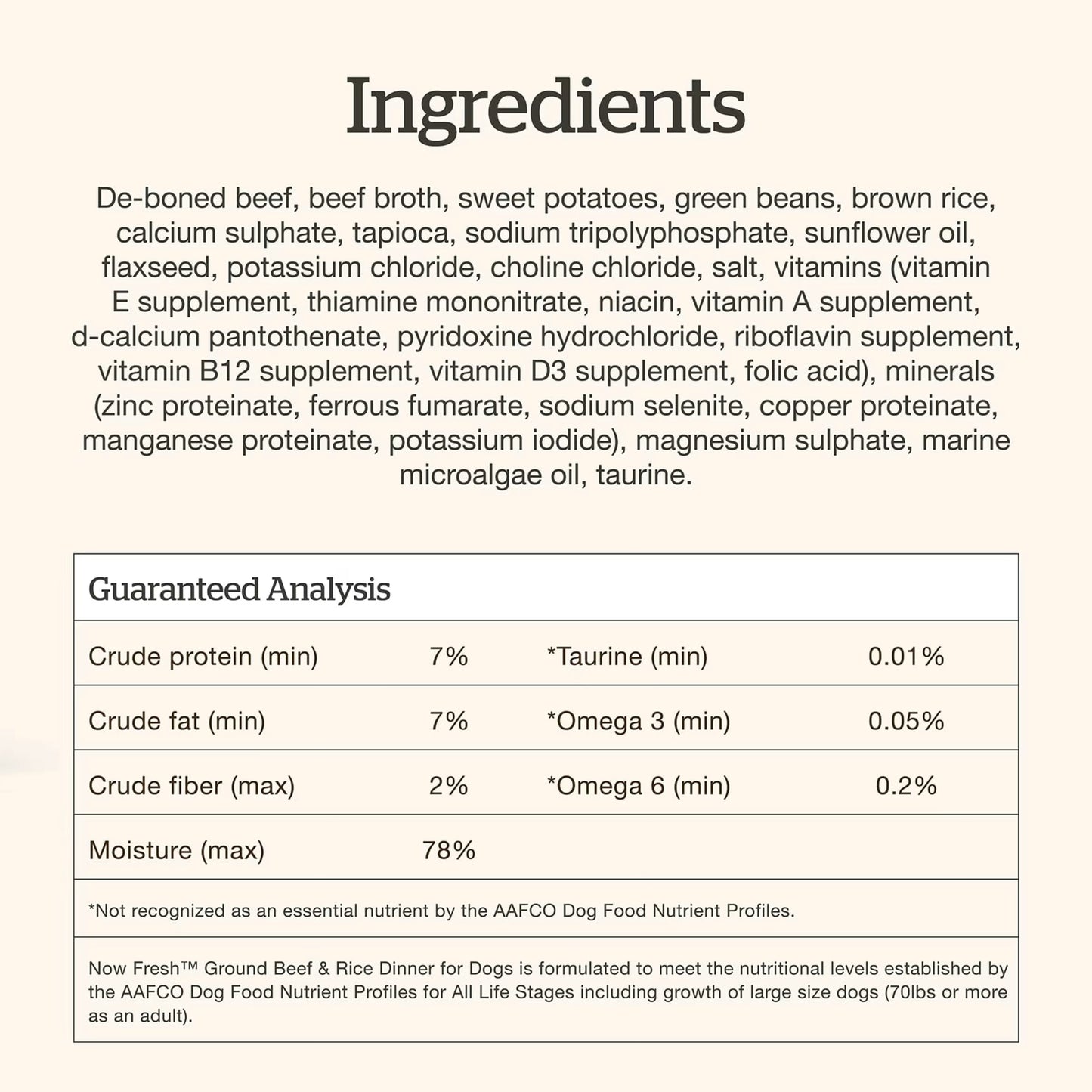 Now Fresh beef and rice wet dog food ingredients list highlighting quality components for dogs
