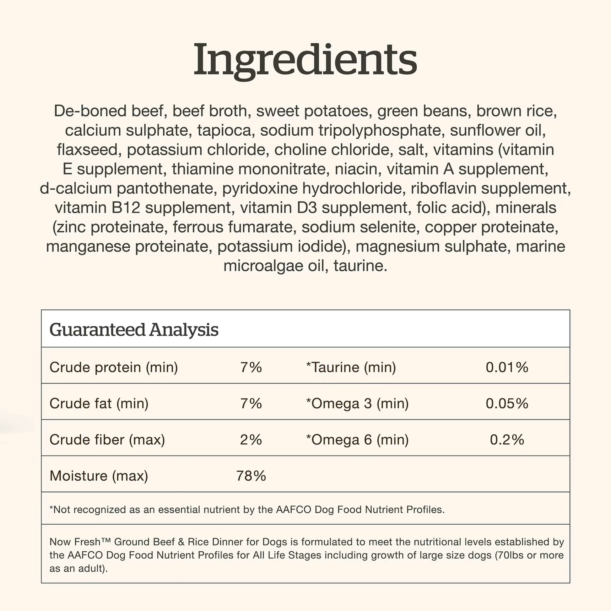 Now Fresh beef and rice wet dog food ingredients list highlighting quality components for dogs
