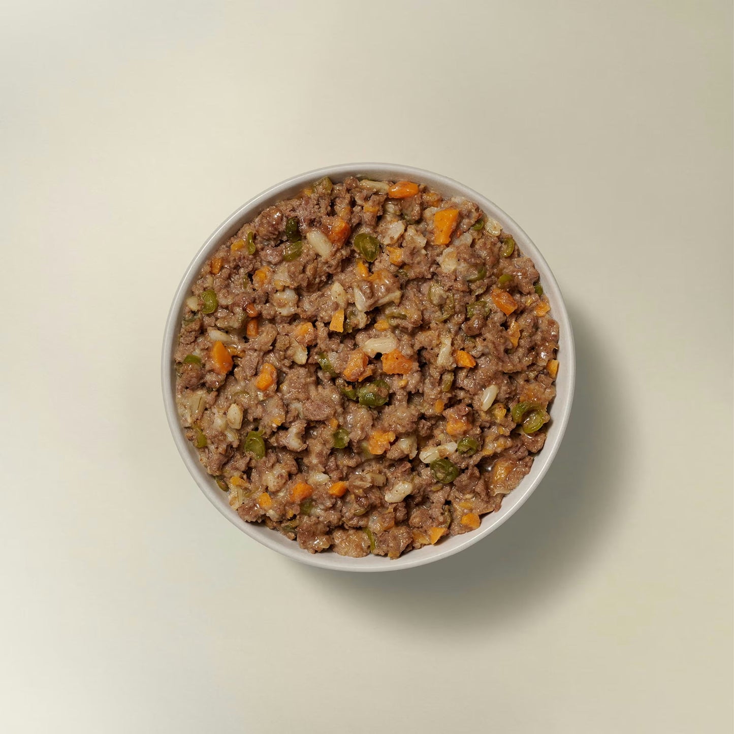 Now Fresh beef and rice wet dog food in a bowl, featuring chunks of meat and vegetables for dogs