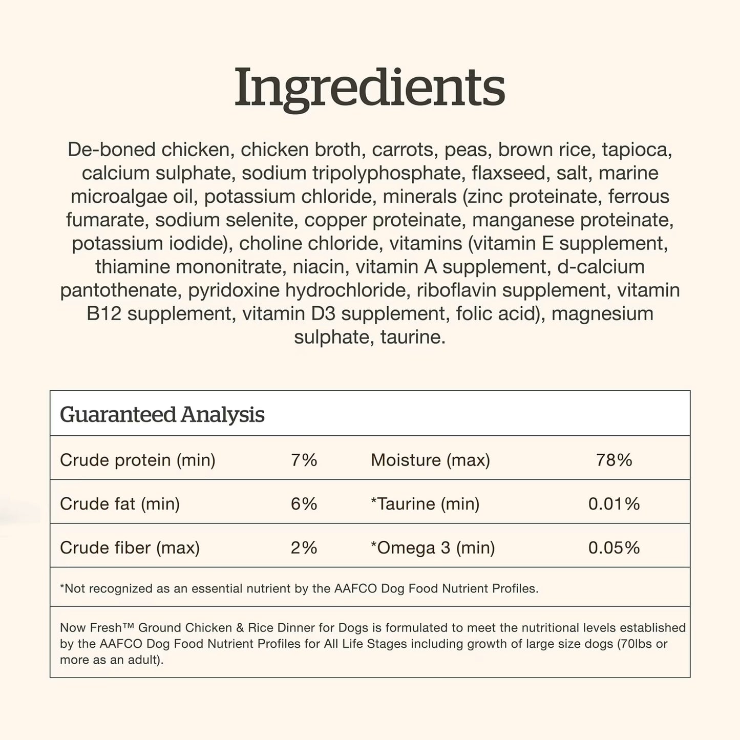 Now Fresh chicken and rice wet dog food ingredients list featuring chicken, carrots, and vitamins for dogs