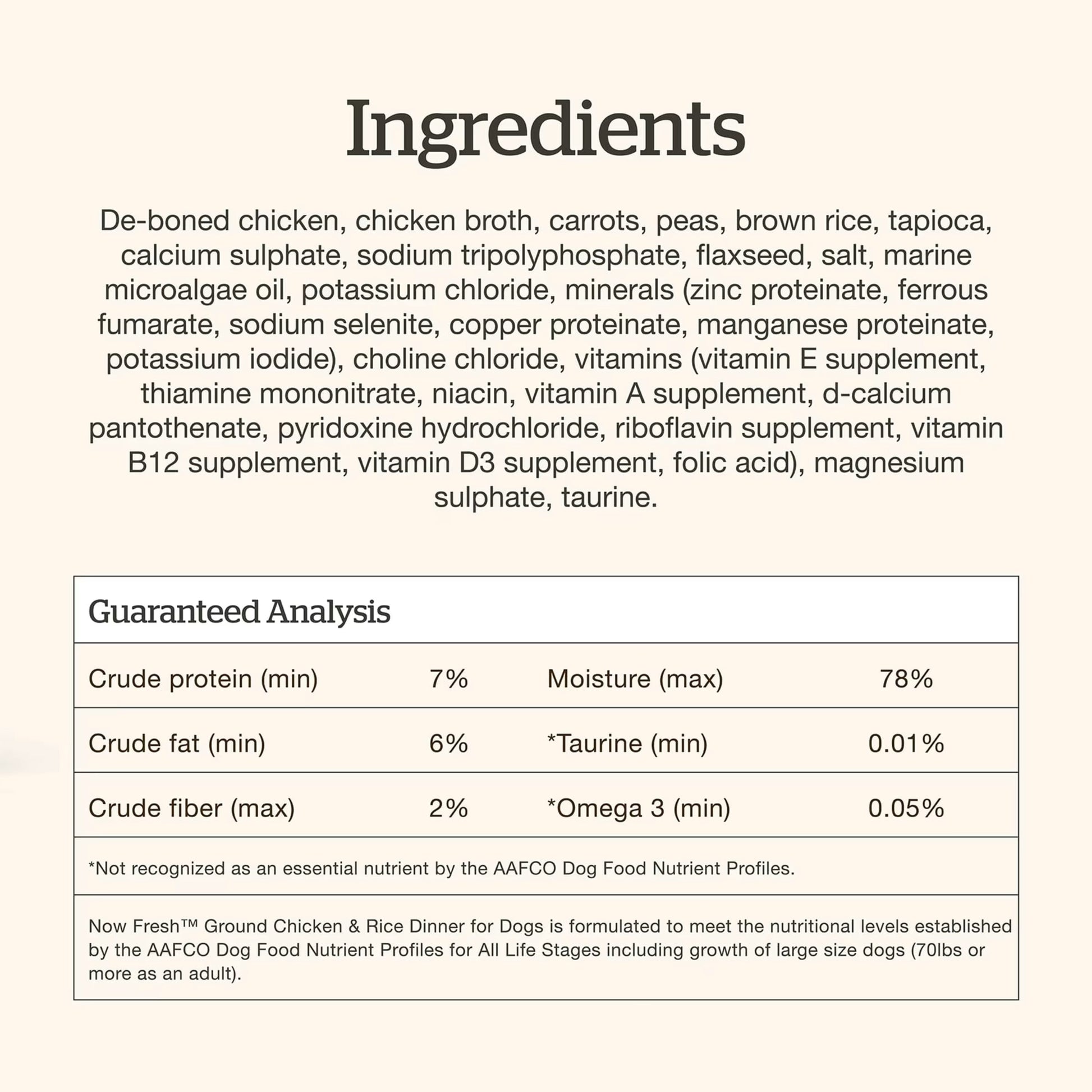 Now Fresh chicken and rice wet dog food ingredients list featuring chicken, carrots, and vitamins for dogs