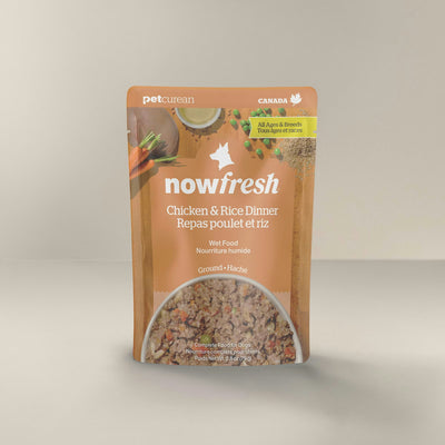 Now Fresh chicken and rice wet dog food by Petcurean in a convenient pouch for healthy canine meals