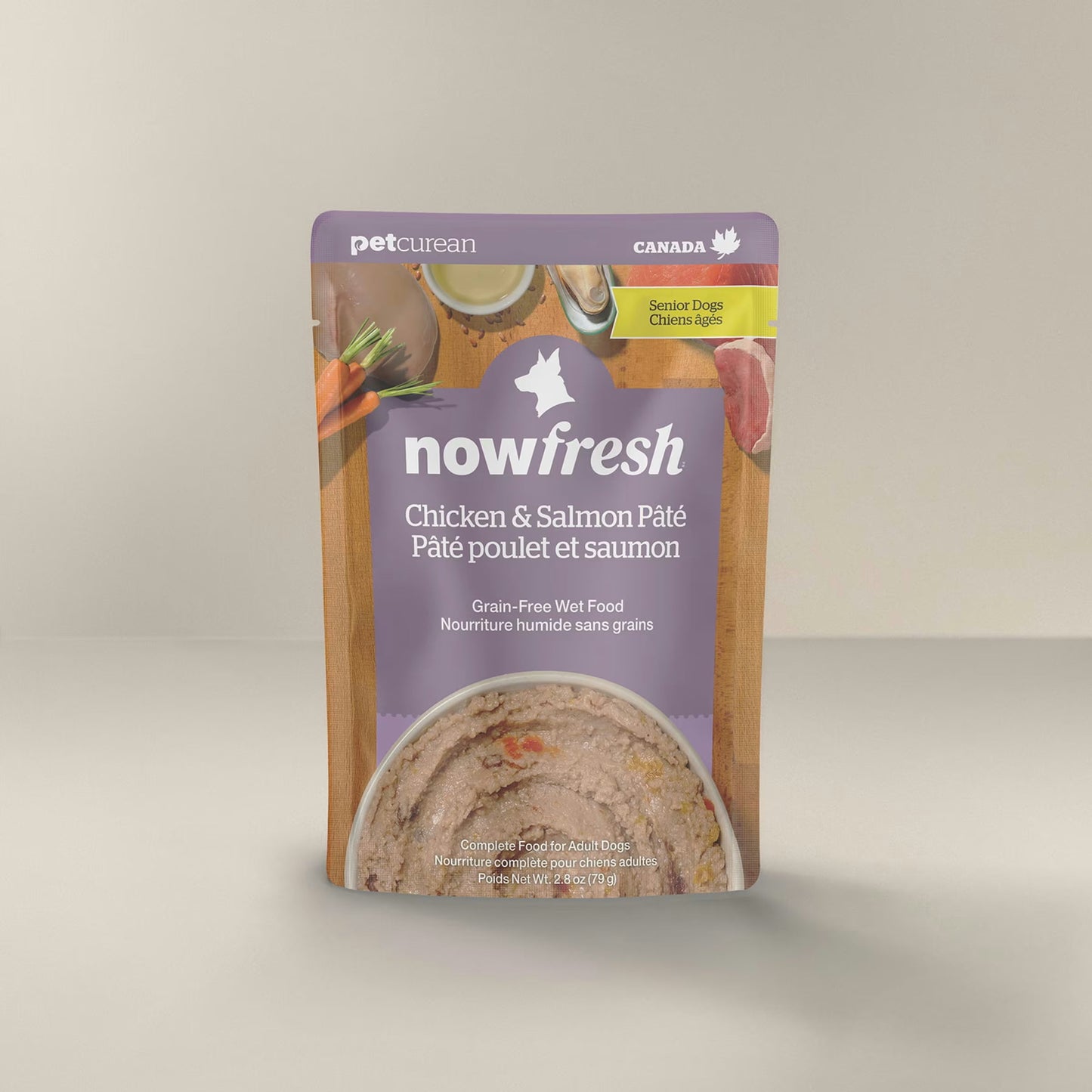 Petcurean Now Fresh Grain-Free Senior Wet Dog Food in Chicken and Salmon Pâté packaging
