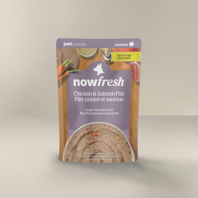 Petcurean Now Fresh Grain-Free Senior Wet Dog Food in Chicken and Salmon Pâté packaging