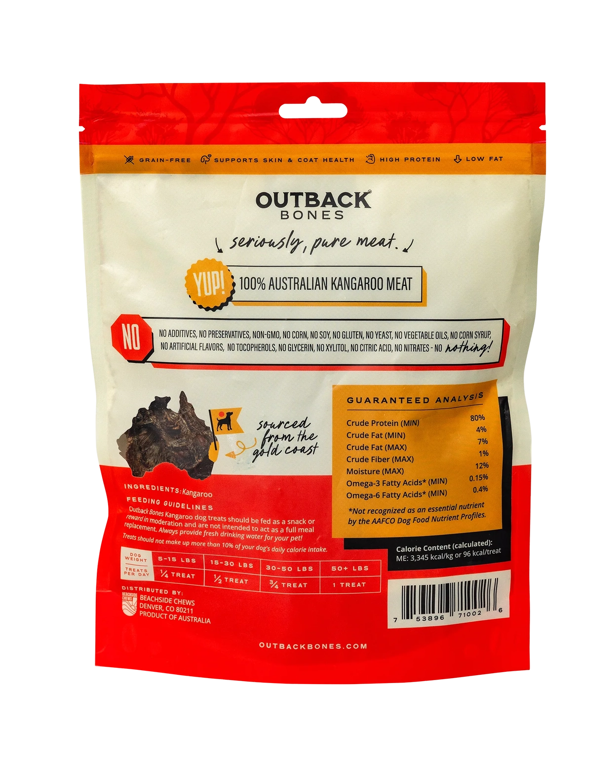 Outback Bones Kangaroo Jerky Dog Treats packaged with 100% Australian kangaroo meat
