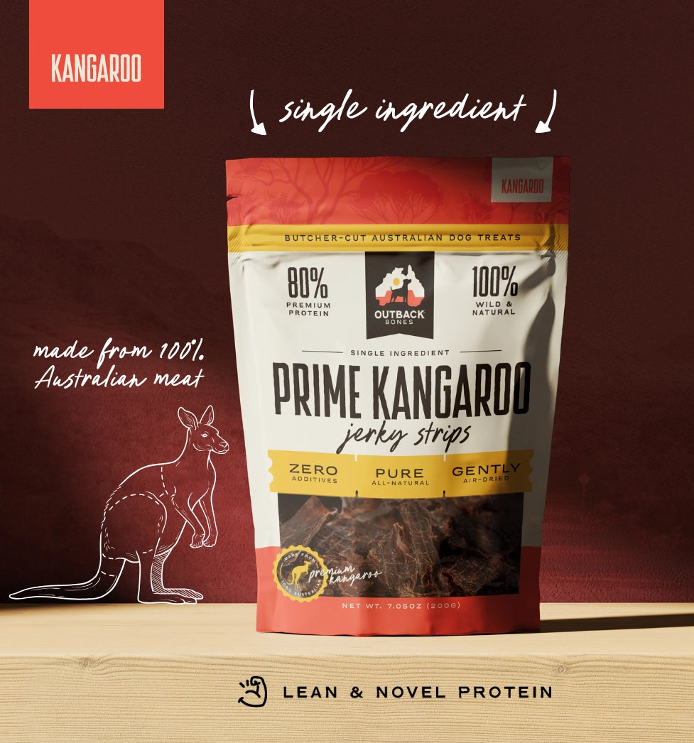 Outback Bones Prime Kangaroo Jerky Dog Treats made from 100% Australian meat with single ingredient