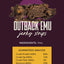 Outback Bones natural emu jerky strips for dogs shown with ingredient details and guaranteed analysis