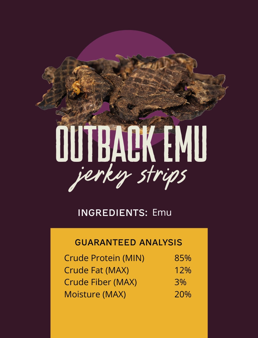 Outback Bones natural emu jerky strips for dogs shown with ingredient details and guaranteed analysis