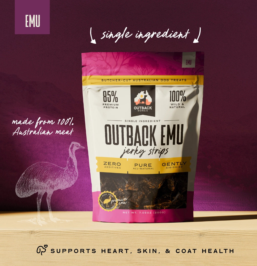 Outback Bones natural emu jerky strips for dogs in a colorful bag with single ingredient label