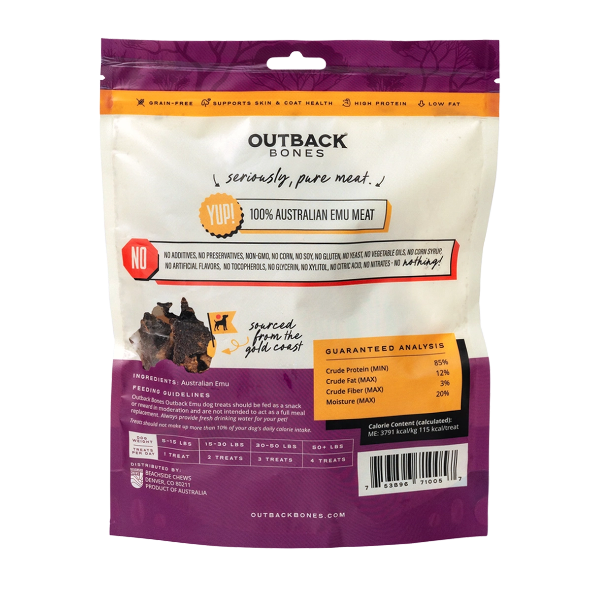 Outback Bones natural emu jerky strips for dogs in a resealable package with nutritional information