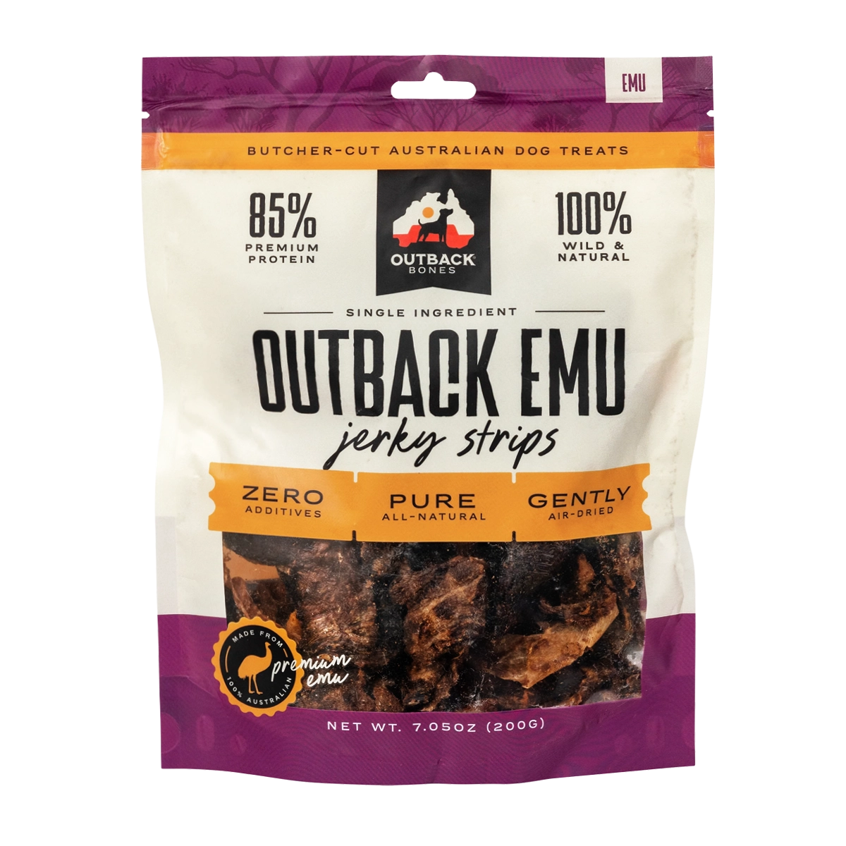 Outback Bones natural emu jerky strips for dogs in a 7.05oz bag with a premium ingredient label