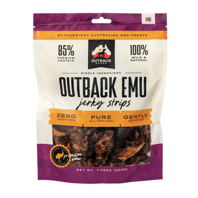 Outback Bones natural emu jerky strips for dogs in a 7.05oz bag with a premium ingredient label
