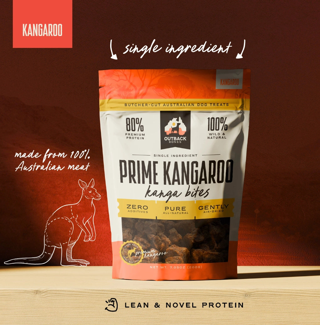 Outback Bones single ingredient kangaroo bites for dogs in a resealable bag with 100% Australian meat