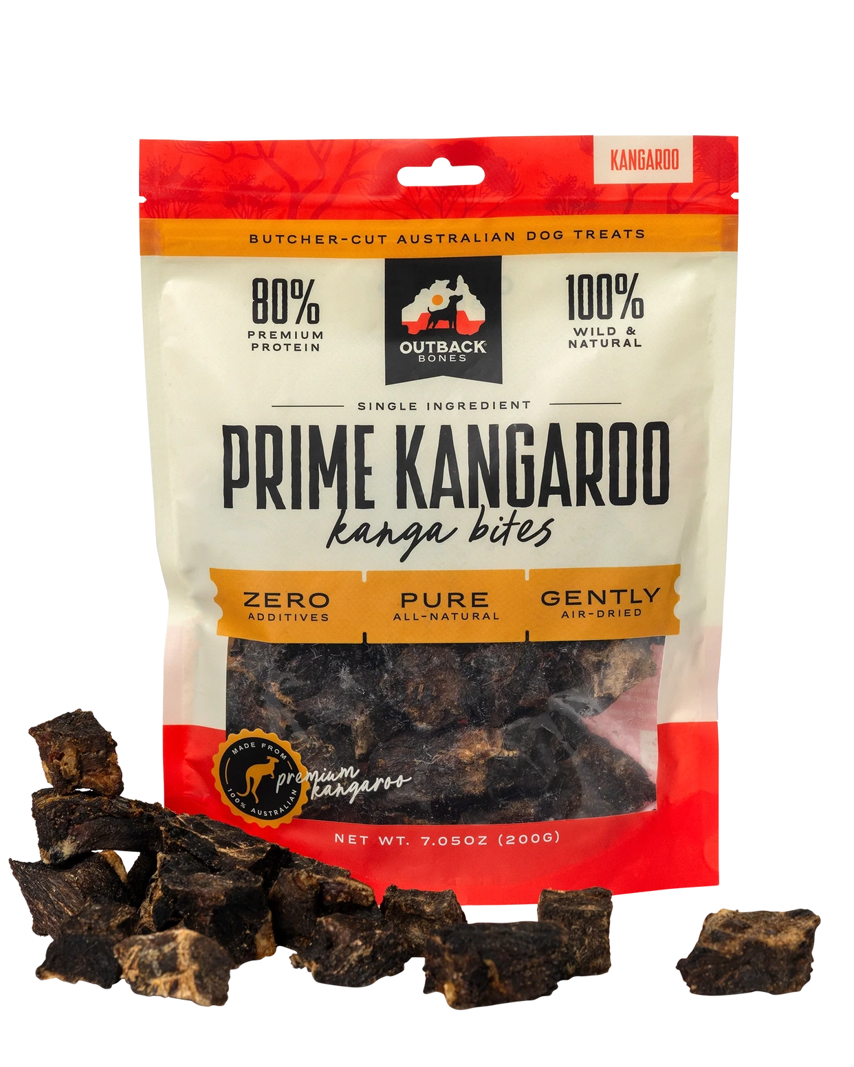 Outback Bones single ingredient kangaroo bites for dogs in a 7 oz bag with natural air-dried snacks