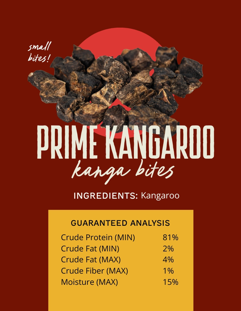 Outback Bones Prime Kangaroo Kanga Bites, single ingredient kangaroo bites for dogs, packed in a small bite size