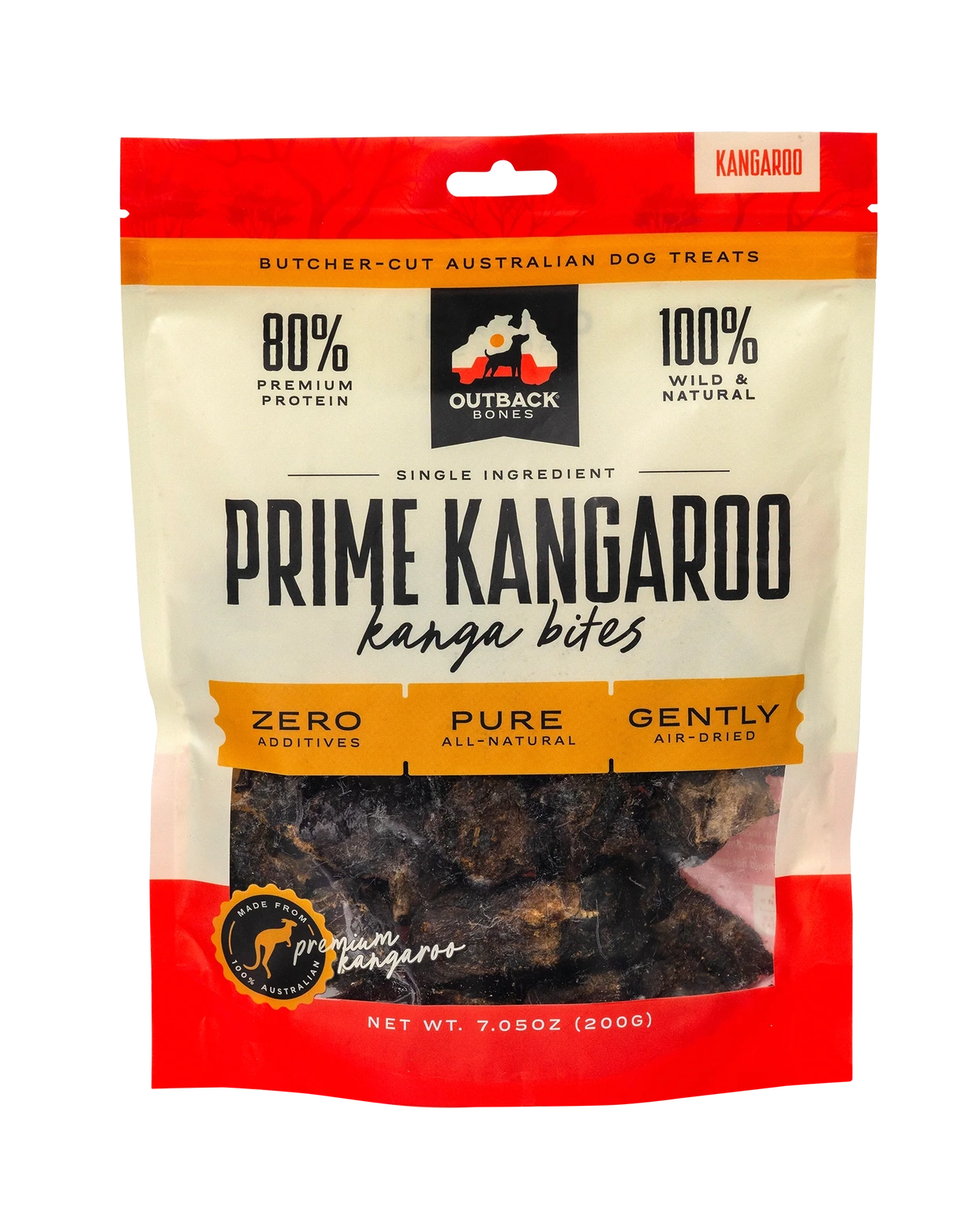Outback Bones single ingredient kangaroo bites for dogs in a premium packaging, all-natural and air-dried