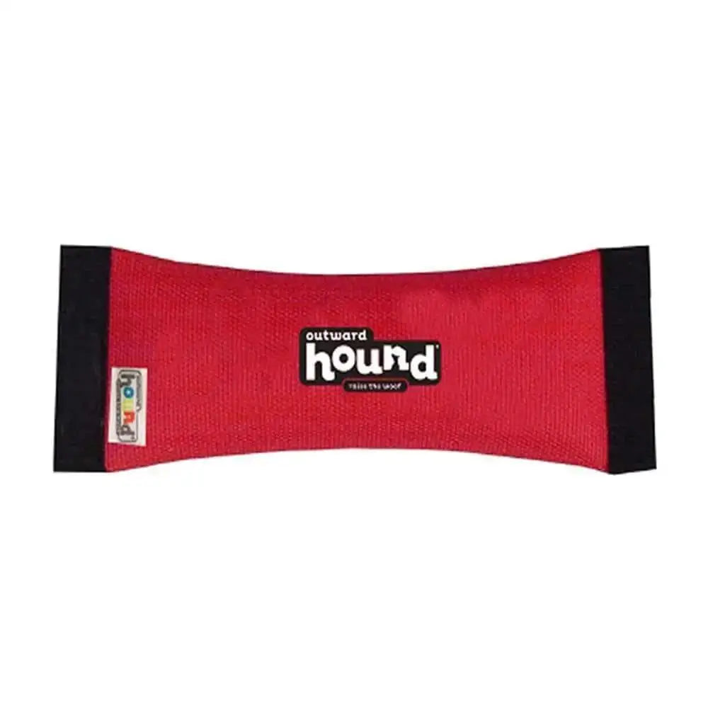 The Outward Hound® Firehose Fetch Squeak N Dog Toys Medium is a red toy with black ends and a central black label featuring the brands name—ideal for tough chewers who need a durable dog toy.
