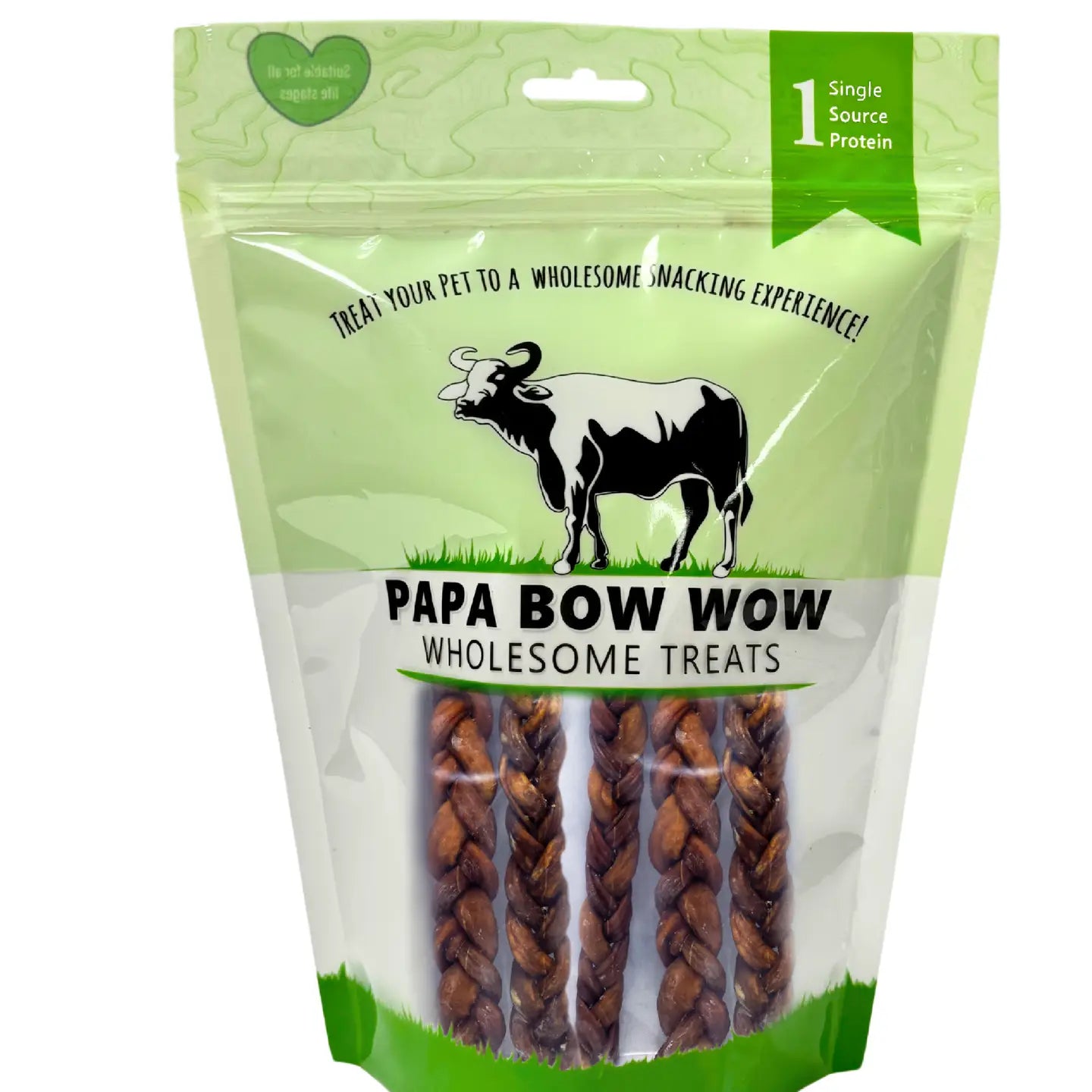 Papa Bow Wow braided intestine dog treats in a green resealable bag for healthy snacking