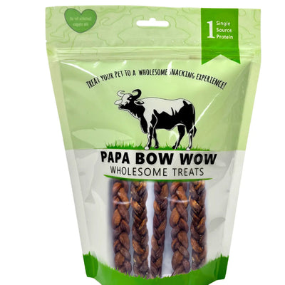 Papa Bow Wow braided intestine dog treats in a green resealable bag for healthy snacking