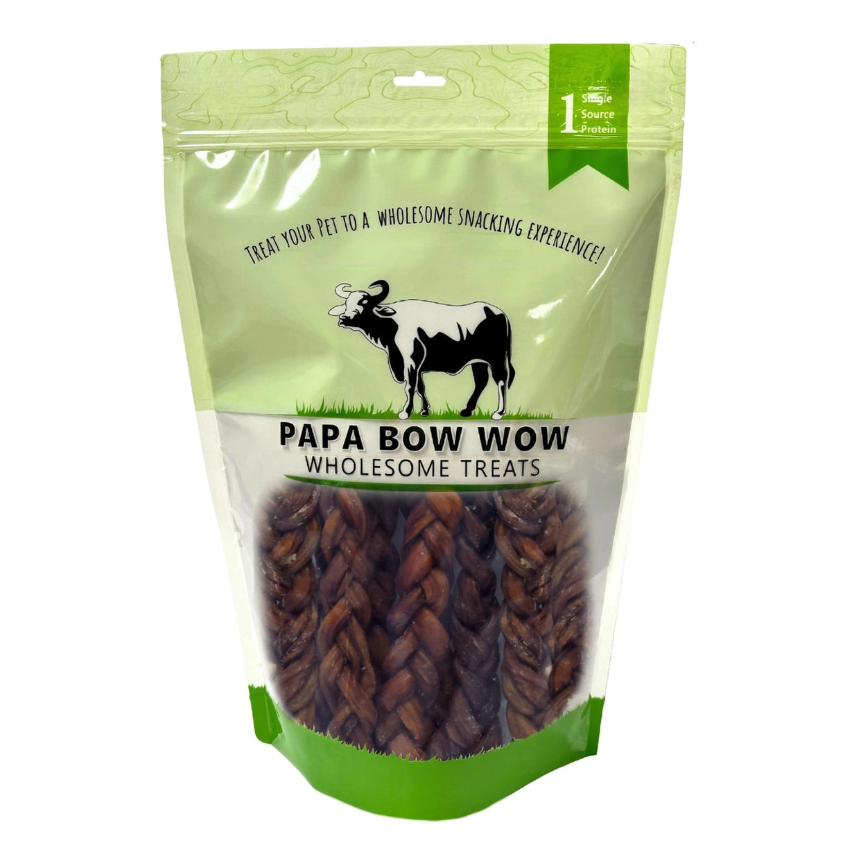 Papa Bow Wow Braided Intestine Dog Treats in a resealable bag for a wholesome snacking experience