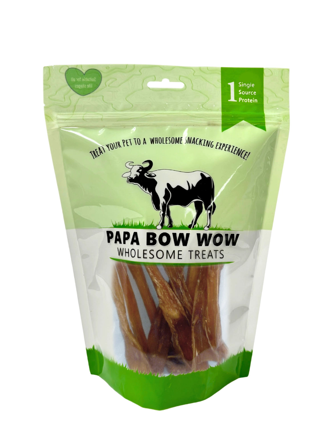 Papa Bow Wow buffalo tendon dog treats in a resealable bag for healthy pet snacking