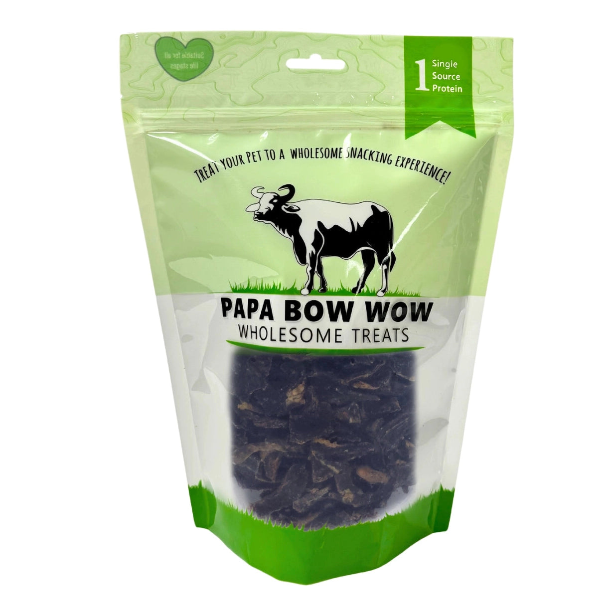 Papa Bow Wow wholesome treats for dogs in a resealable bag with a cow graphic
