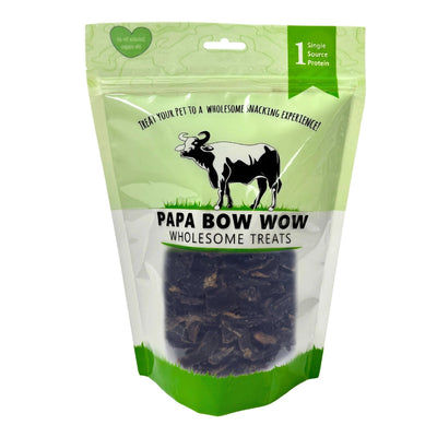 Papa Bow Wow wholesome treats for dogs in a resealable bag with a cow graphic
