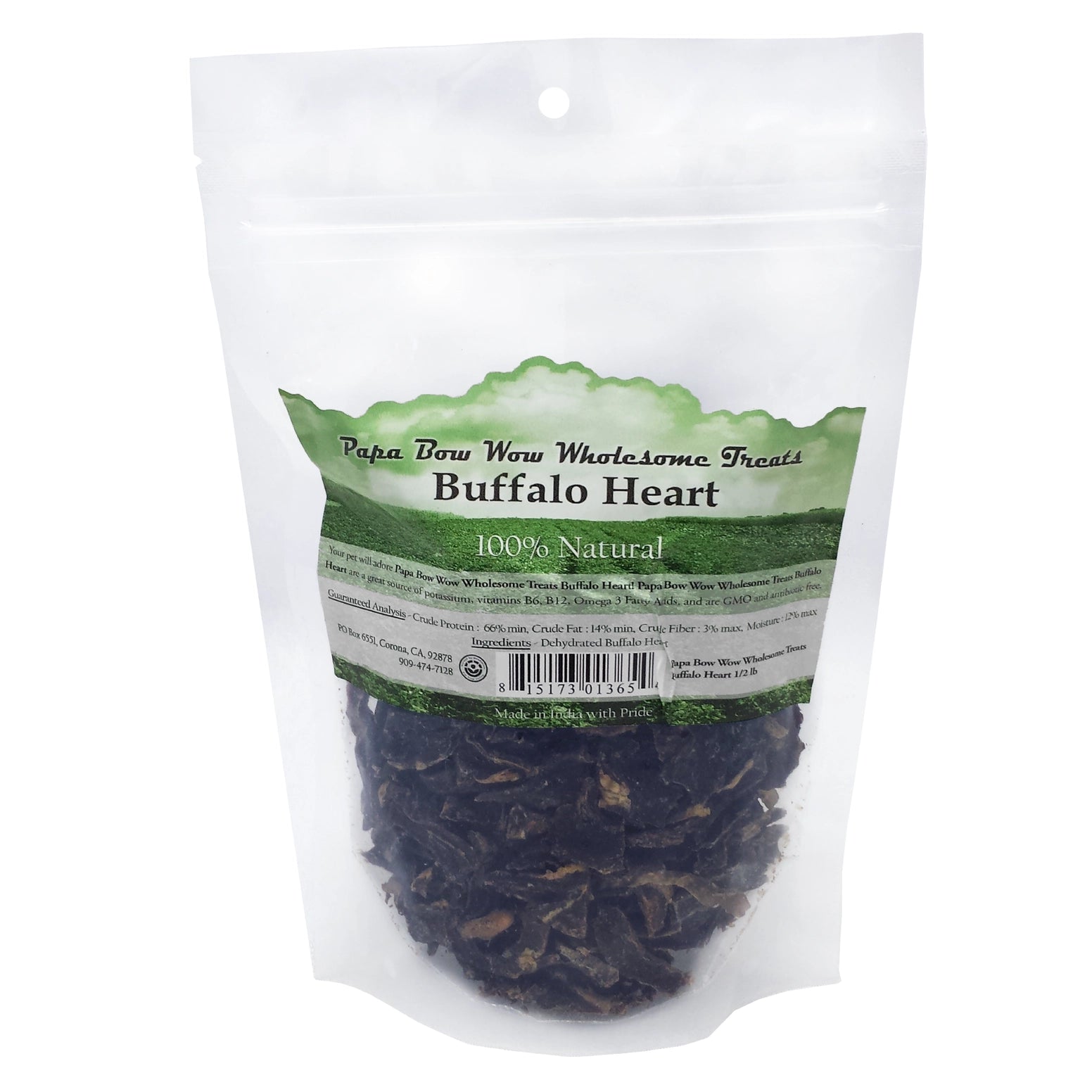 Papa Bow Wow wholesome treats Buffalo Heart in a resealable bag for healthy dog snacks