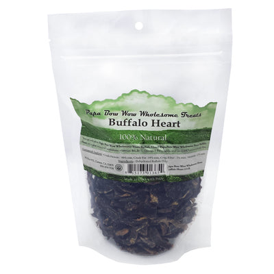 Papa Bow Wow wholesome treats Buffalo Heart in a resealable bag for healthy dog snacks