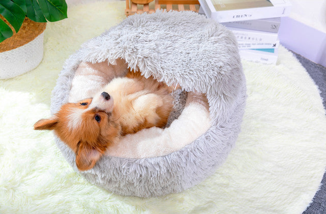 Cozy pearl grey cat cave bed with soft plush interior for comfort and warmth for pets