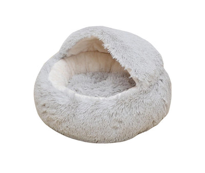 Cozy pearl grey cat cave bed with soft plush fabric for comfortable feline relaxation