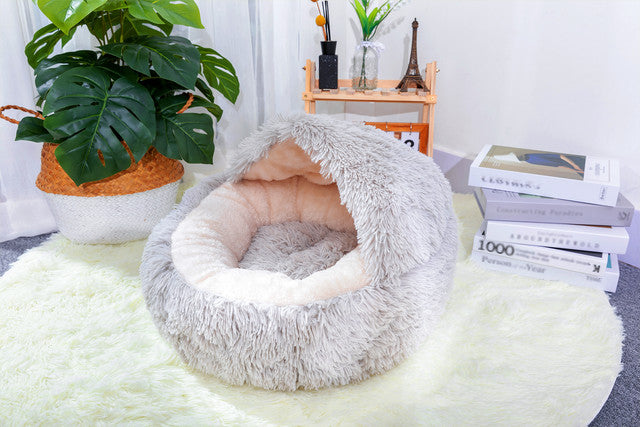 Cozy pearl grey cat cave bed with soft interior for comfortable lounging and sleeping