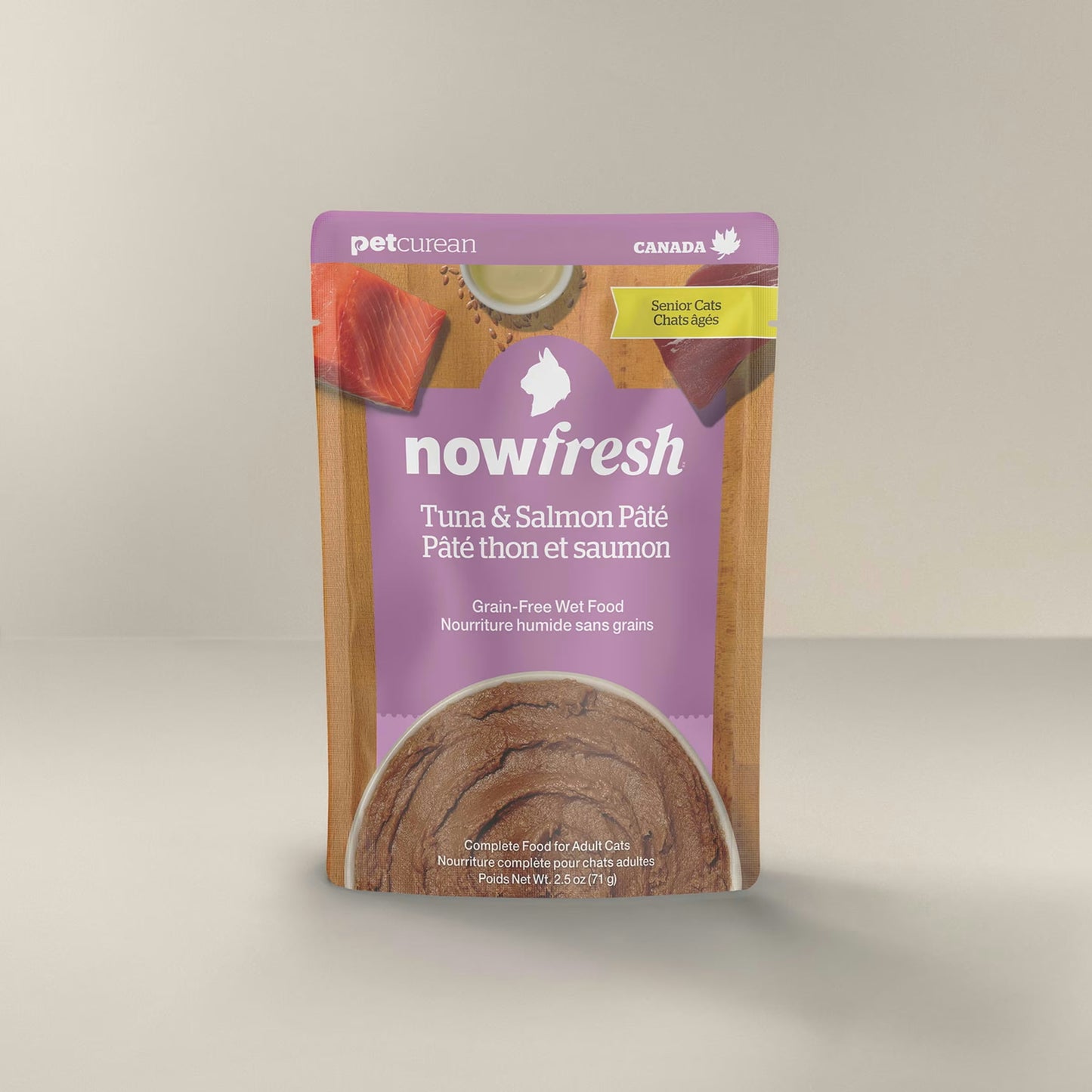 Petcurean Now Fresh Tuna and Salmon Pâté in pouch, Grain-Free Senior Wet Cat Food for healthy aging cats