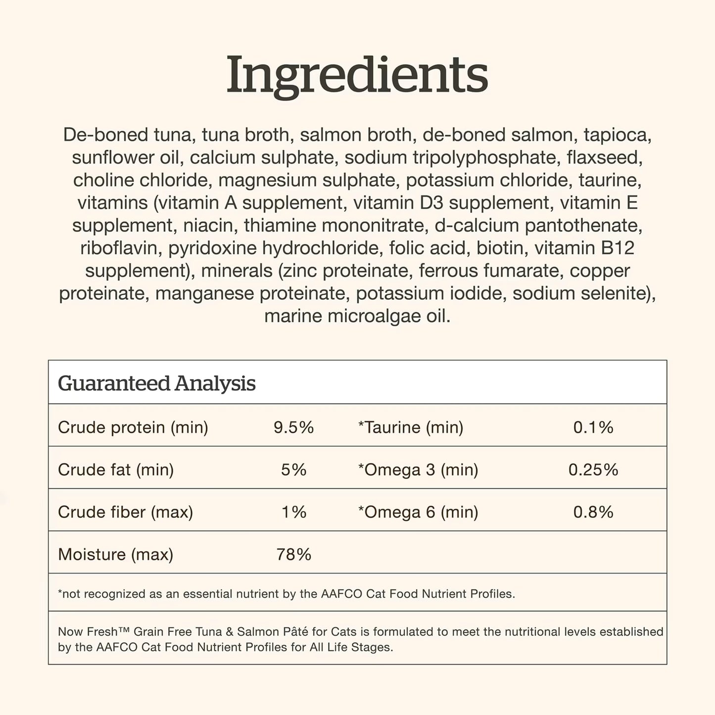 Petcurean grain-free tuna and salmon wet cat food ingredients and nutritional analysis on a cream background