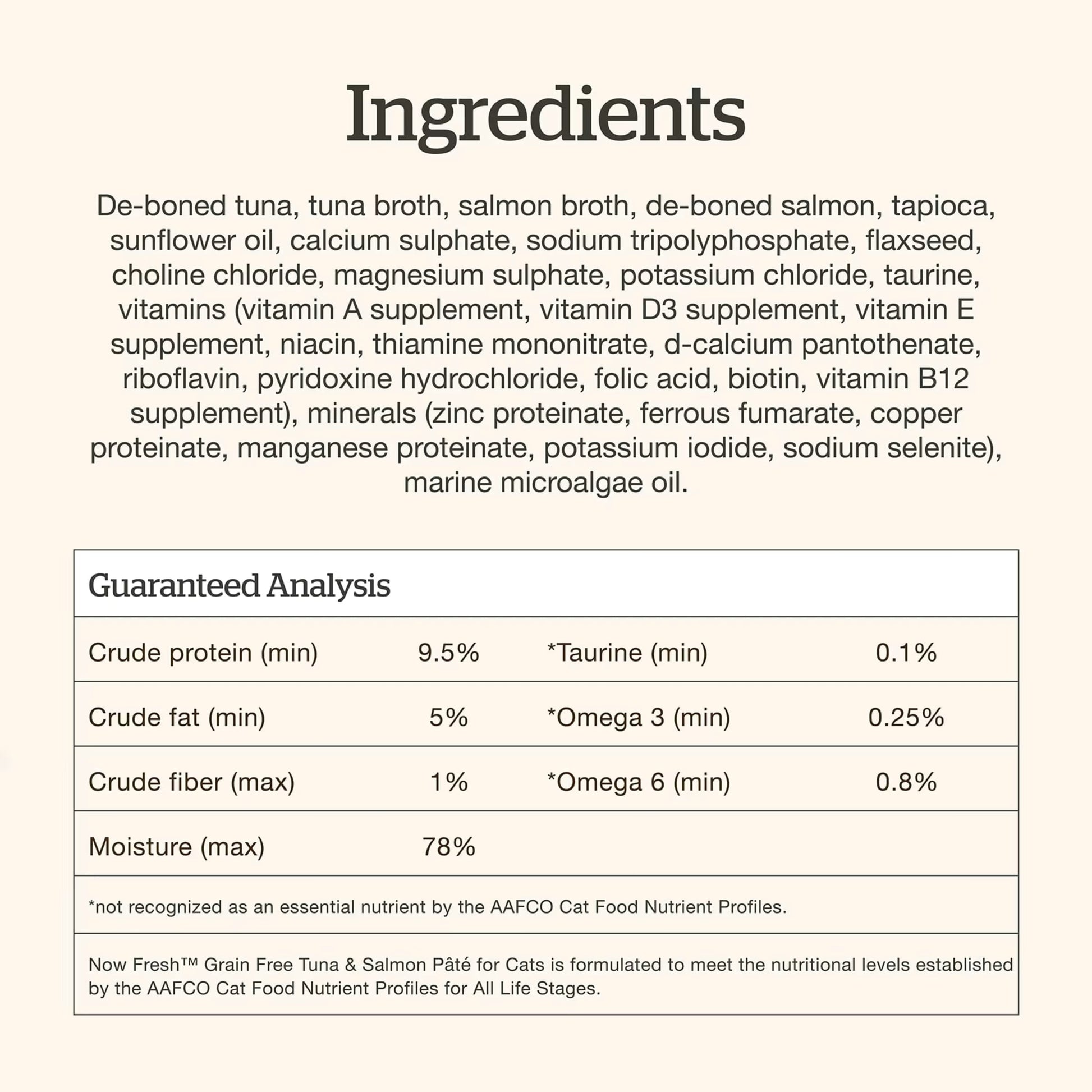 Petcurean grain-free tuna and salmon wet cat food ingredients and nutritional analysis on a cream background
