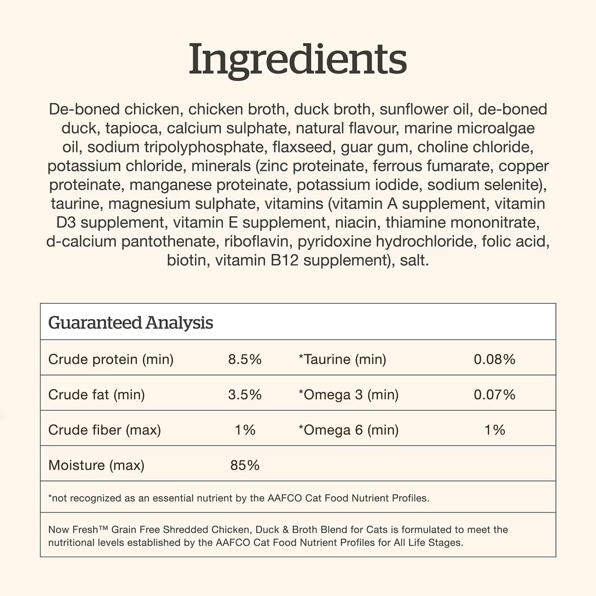 Petcurean grain free wet cat food ingredients list with chicken and essential nutrients for healthy cats