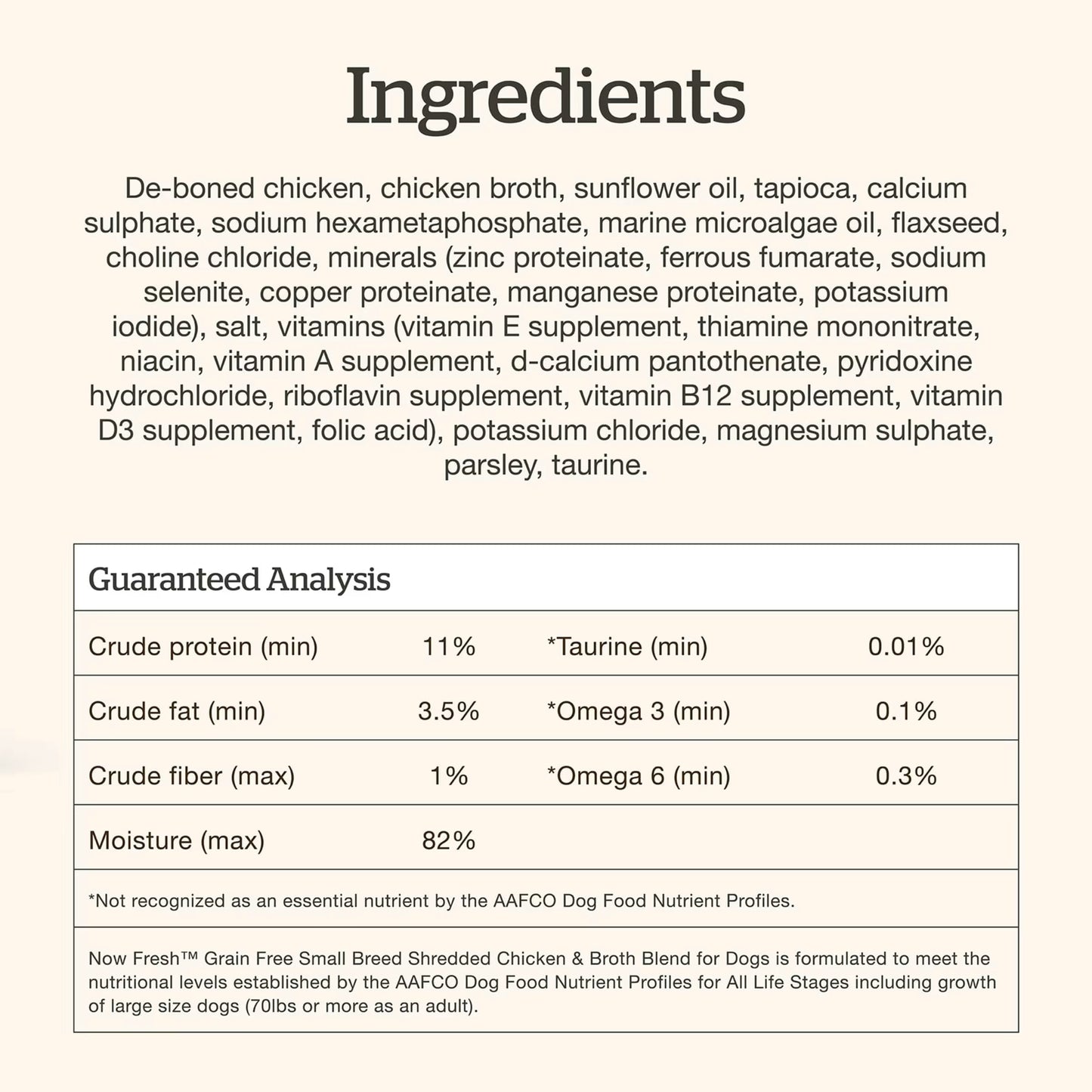 Petcurean grain free wet dog food for small breeds with chicken and nutritional ingredients listed