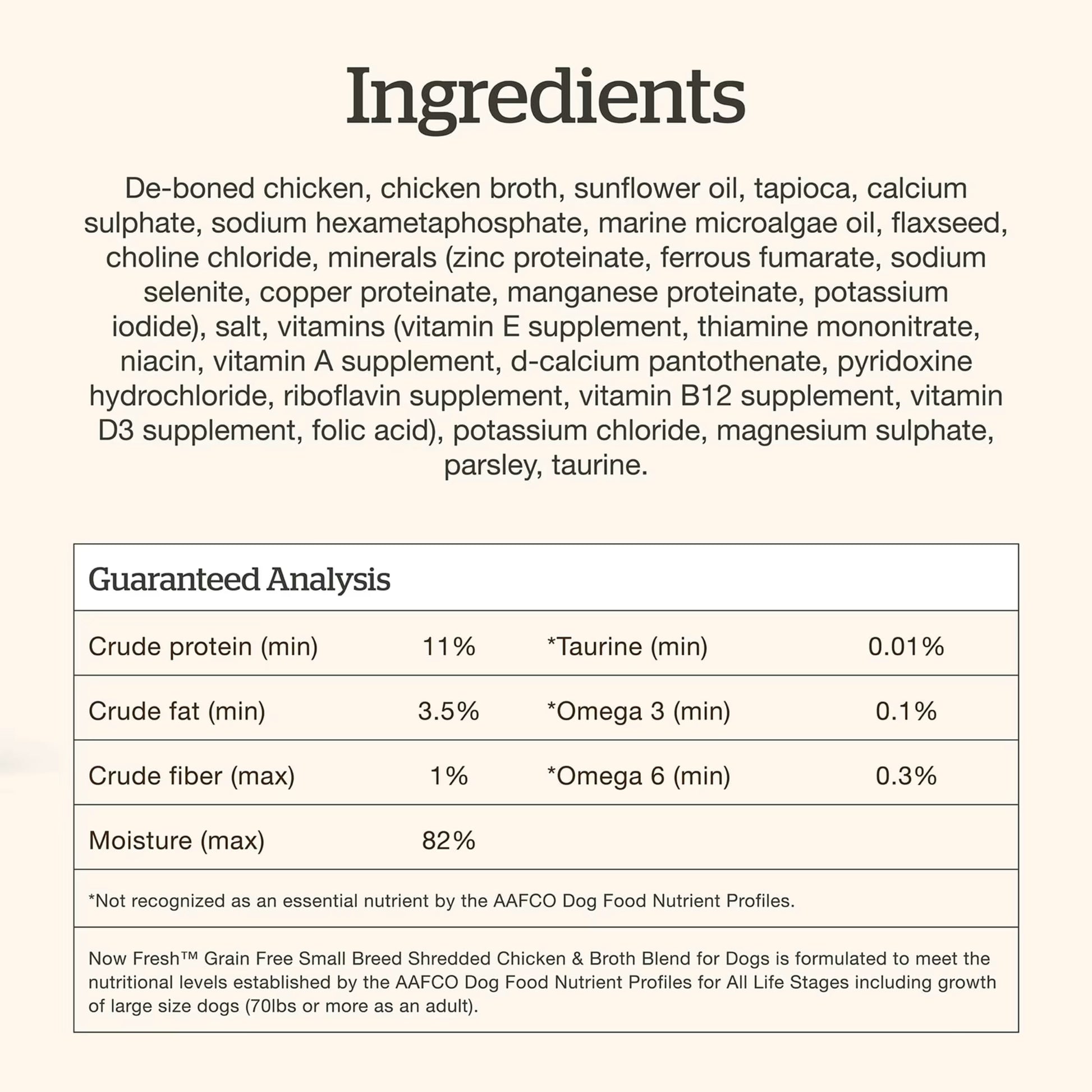 Petcurean grain free wet dog food for small breeds with chicken and nutritional ingredients listed