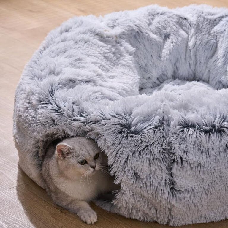 PetPals Group cat tunnel with bed combo in gray, offering cozy play and rest for your cat