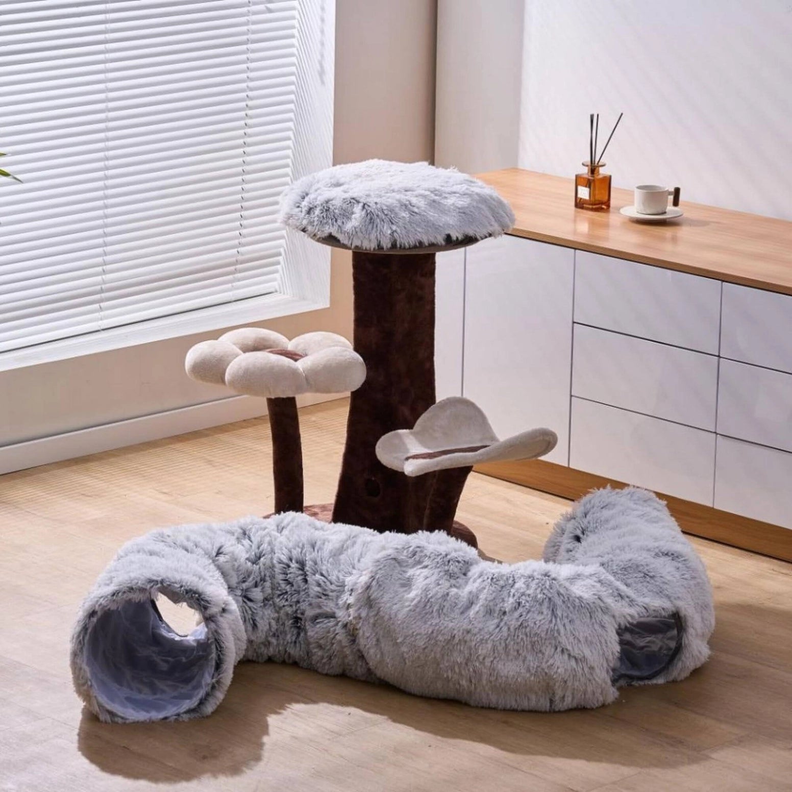 Soft and cozy cat tunnel with bed combo featuring mushroom-shaped design for playful cats
