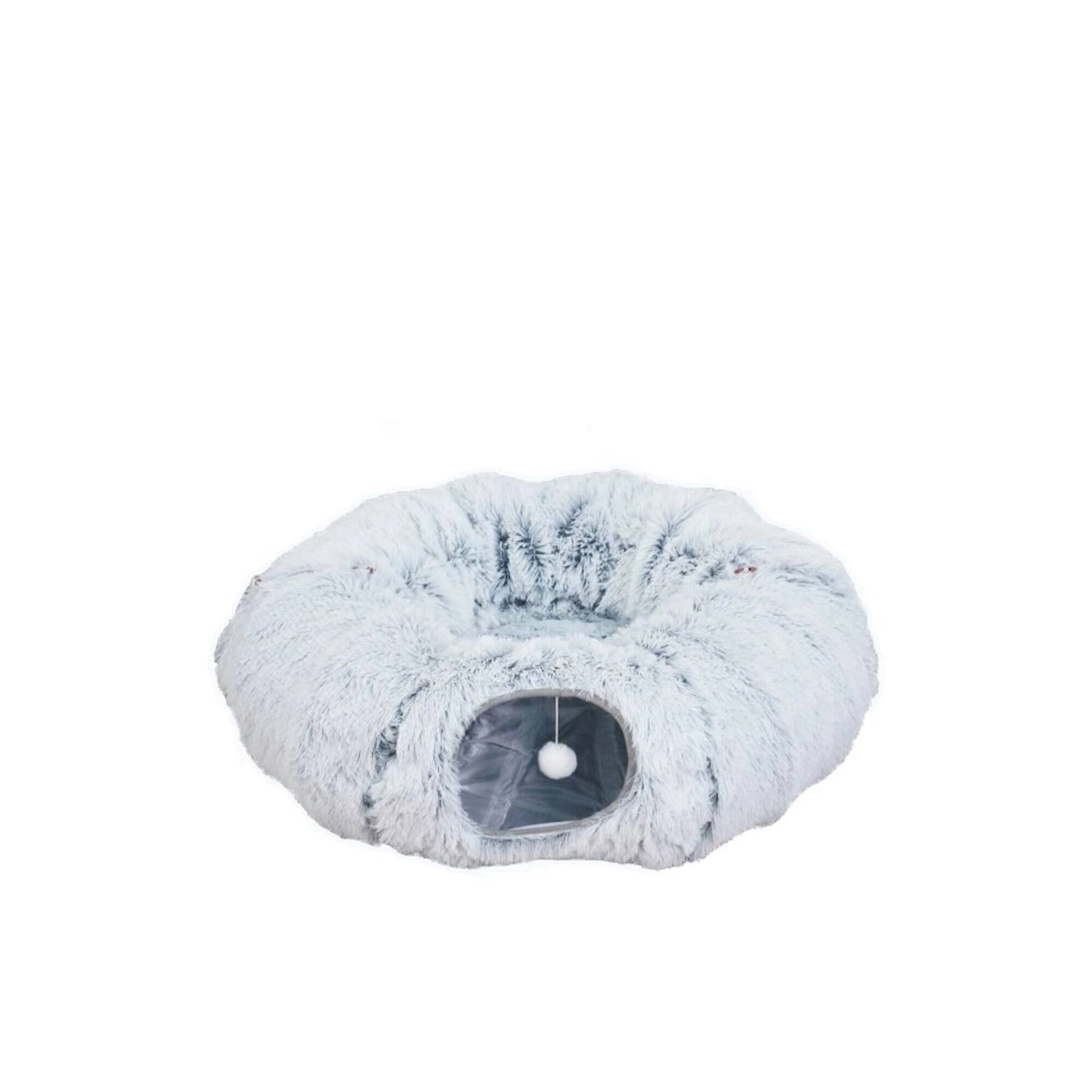 Cozy PetPals Group cat tunnel with bed combo featuring soft plush material and a dangling toy