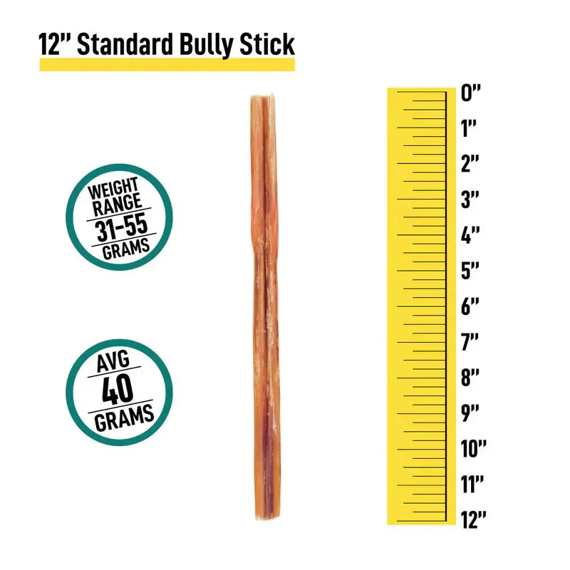 12-inch premium bully sticks for dogs with an average weight of 40 grams, perfect for training and rewards