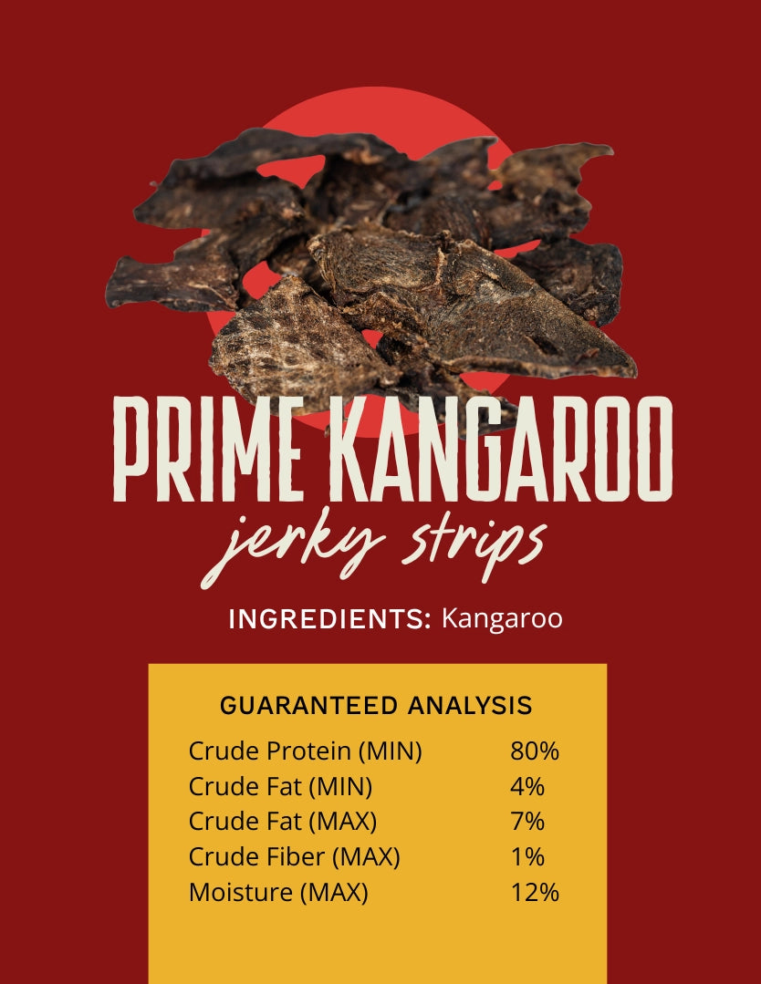 Outback Bones kangaroo jerky dog treats in a bag with guaranteed analysis and ingredient information