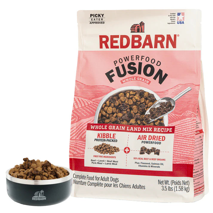 Redbarn beef dry dog food in a bag and bowl, nutritious mix for adult dogs with whole grains