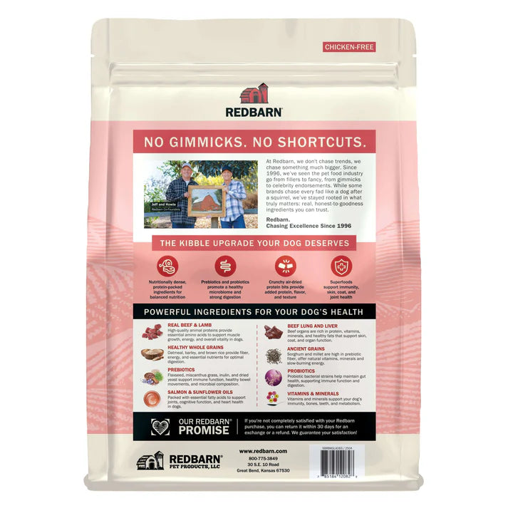 Redbarn beef dry dog food in a bag featuring chicken-free, healthy ingredients for optimum dog health