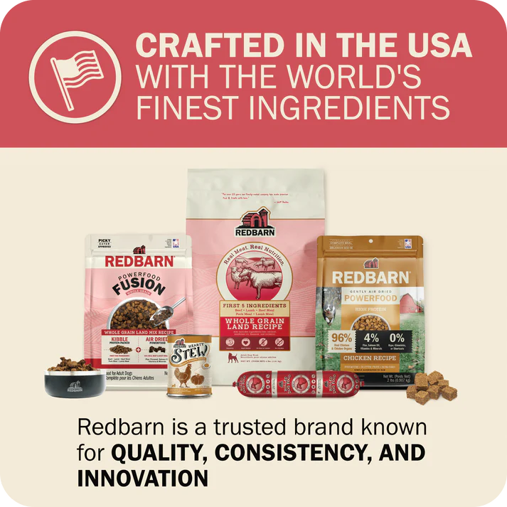 Redbarn beef dry dog food bags showcasing quality ingredients for healthy canine diets