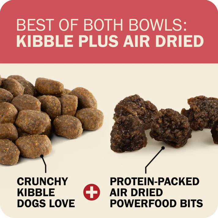 Redbarn beef dry dog food featuring crunchy kibble and protein-packed air dried bits for dogs