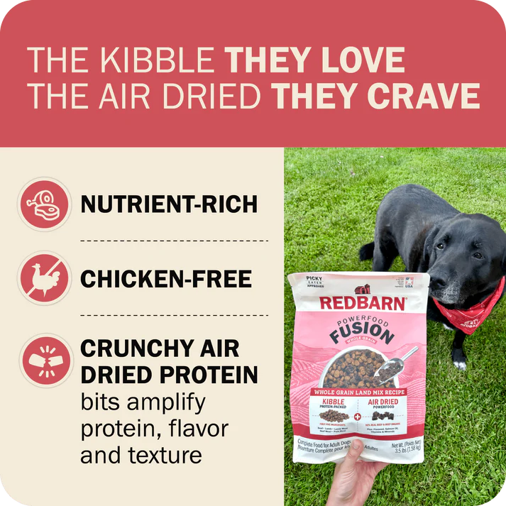Redbarn beef dry dog food in a bright packaging showcasing its chicken-free, nutrient-rich formula